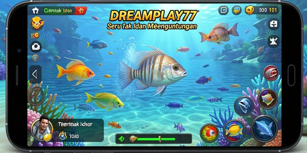 Screenshot utama DREAMPLAY77 menampilkan aksi seru dalam permainan Tembak Ikan.