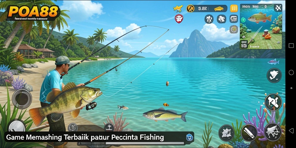 Screenshot menunjukkan gameplay memancing yang seru dan interaktif.