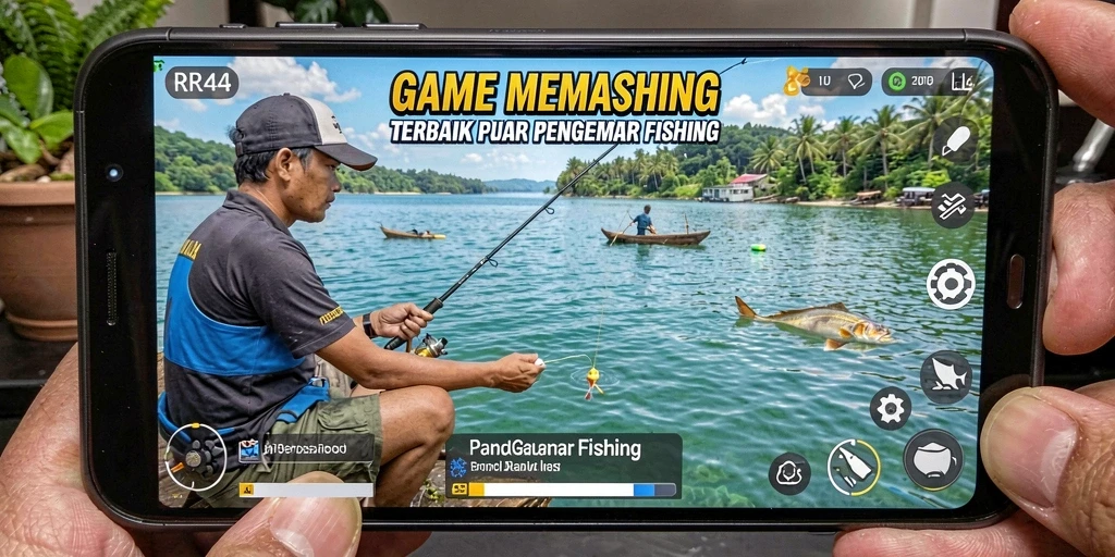 Screenshot gameplay <strong>RR44</strong> menampilkan pemain yang sedang memancing di danau yang tenang.