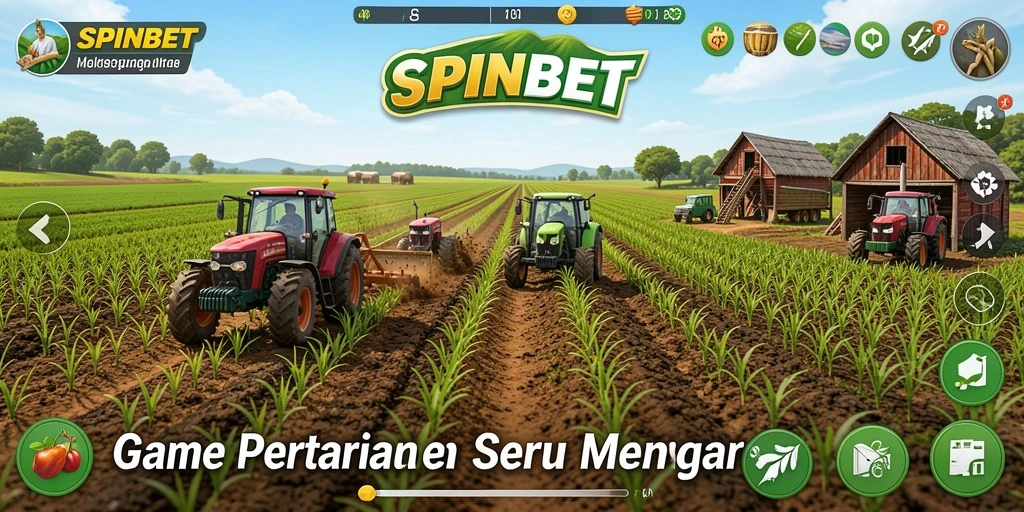 Tampilan gameplay <strong>SPINBET</strong> menunjukkan petani merawat ladang dengan penuh warna.