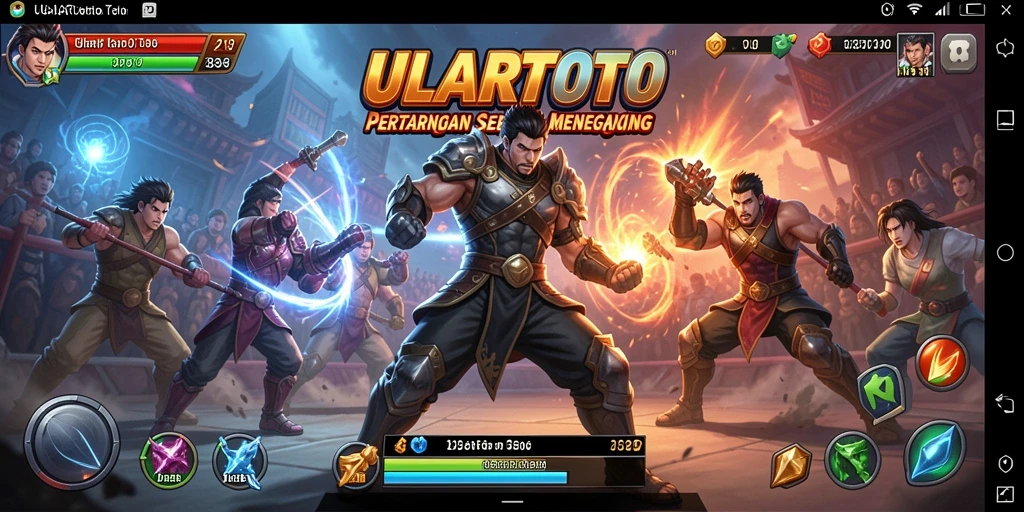 Tangkapan layar utama ULARTOTO menunjukkan pertarungan seru dengan karakter yang beragam.